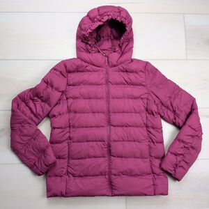 Uniqlo Down Puffer Jacket Womens Medium Mauve Pink Hooded Lightweight